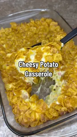 This cheesy potato casserole is so good and the perfect side dish to any meal! #EasyRecipe #dinner #quickrecipes #DinnerIdeas #sidedish #comfortfood 