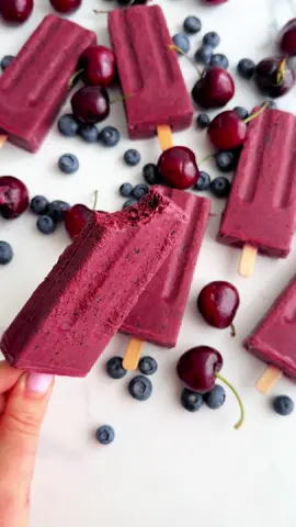 Make your own delicious and flavorful ice pops with these simple ingredients. 1 cup frozen cherries, pitted 1 cup frozen blueberries 11/2 cups coconut milk 1 1/2 tablespoons maple syrup (or to taste) #popsicle #popsiclecherries #blueberry #icecream #icepops #Summer #summertreat #dessert #summerdessert 
