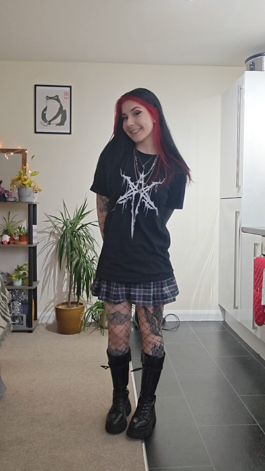 big shirt little skirt combo  . . #alttiktok #metalgirl #metalmusic #foryoupage #altgirl #alt #fyp #emogirl #foryou #emo #emotiktok #bmth #bringmethehorizon #OOTD #grwm #emonite #bandmerch #fishnets #skirt #girlswithtattoos #altoutfit #outfit #emooutfit 