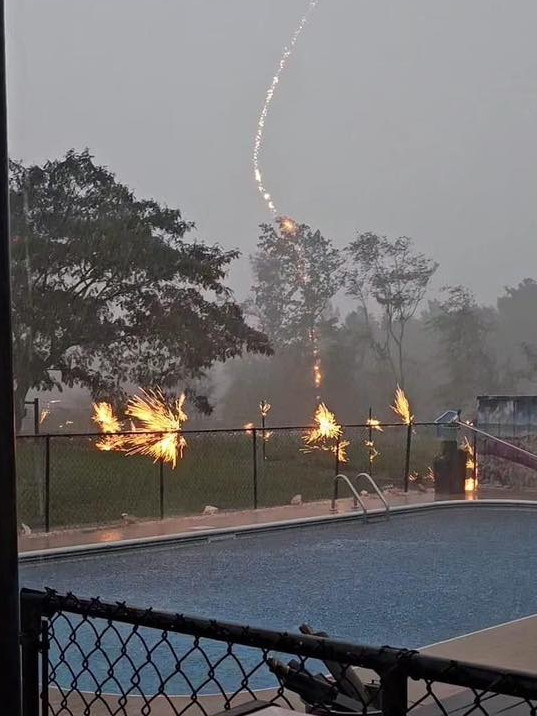 A lightning strike hit a tree and fence around the pool yesterday. This is why you always head indoors when there is thunder and stay out of the pool. Picture from 📸 Sharon Mitchell in Waco, NC. #ncwx #wcnc #lghtning #pool
