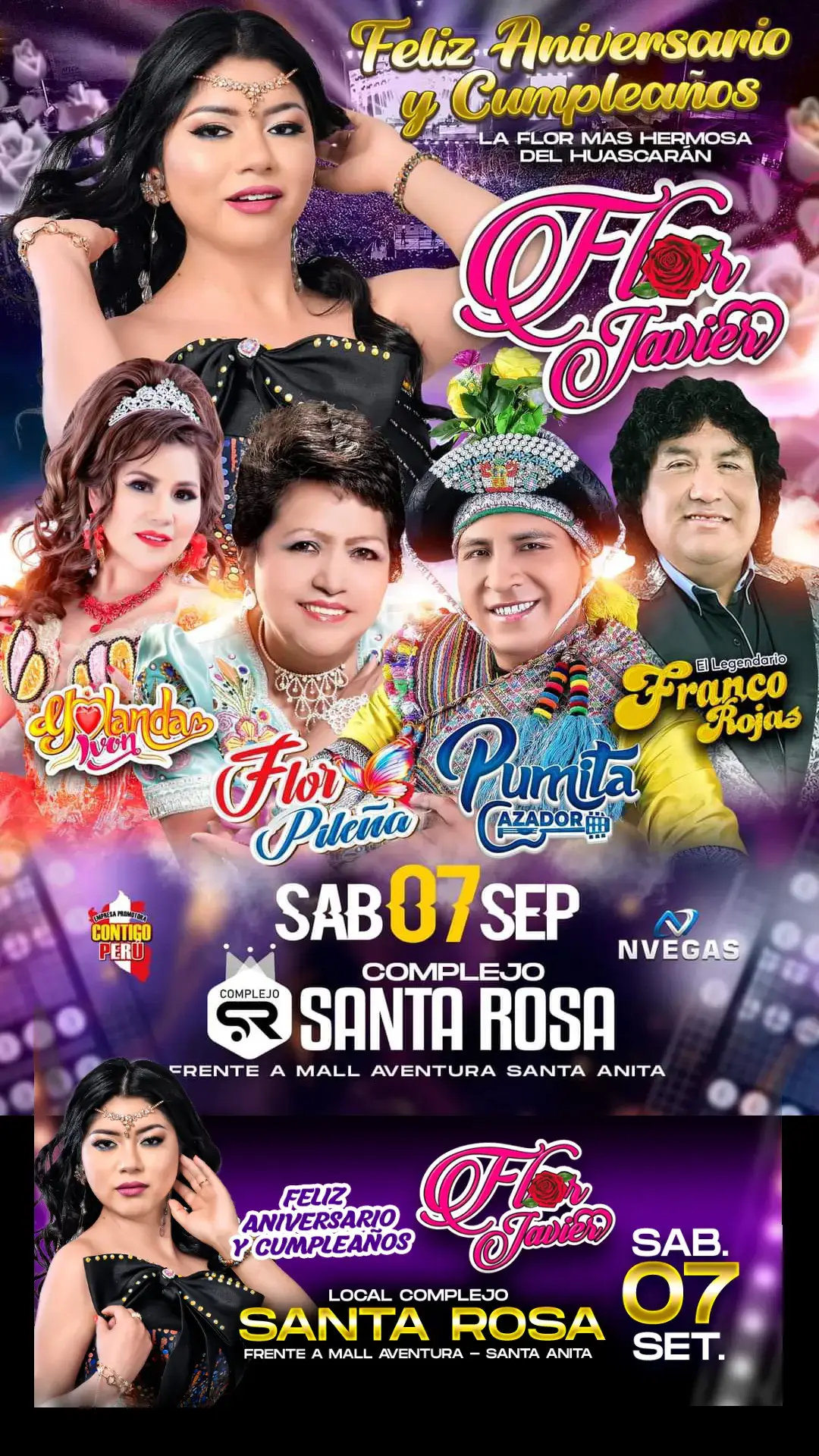 cartelera oficial para el aniversario de flor javier en el complejo santa rosa sábado 7 de septiembre  #florjavier #florjavieroficial #florjavieroficia #nvegasproducciones #foryou #florpileña #yolandaivon #pumitacazador #francorojas #complejosantarosa 