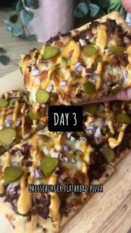 15 days of quick and easy comfort food. . Epidode 3 - Cheeseburger Flatbread Pizza  . ⬇️ Recipe below ⬇️  . Recipe serves 4 (half a flatbread)  . Press save for dinner inspiration 📌 follow @dinner_at_hols for more recipes like this 🫶🏼 . These are perfect for a little weekend treat! I served ours with some homemade wedges and a side salad. ❤️ . Let me know if you give this one a try.  . Ingredients  . 500g lean beef mince  1 onion, finely diced 2 cloves garlic, finely grated  1tbs tomato puree  2tbs ketchup  2tbs American mustard  200ml beef stock  80g cheese- I used mozzarella 2 flatbreads  Garlish with gherkins, diced red onion and burger sauce. (Optional)  .  . Method  . Fry off your beef mince until browned, then add in your onions and cook until soft. Add in your garlic and cook for a minute then add the tomato purée, ketchup and mustard. Give it a good mix and cook for around 2-3 minutes before adding in the stock. Cook until it’s thickened and then add onto the flatbread, top with the gherkins and onion if using and then sprinkle over the cheese. Pop it under the grill or in the airfryer until golden and bubbling. Garnish, serve and enjoy.  . Calories- 489 Protein- 47.5g   Syns- HEA  . Not sure on syns for flatbread but you can use a HEB alternative.  . . . . #fyp #fypシ #viral 