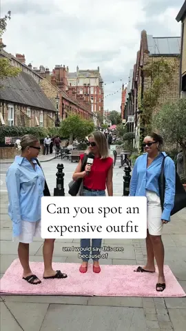 One of our outfits costs over £1500 and the other under £280 - but can you guess which us which? Watch till the end to see @Chiara’s atelier’s guess! #highstreet #designer #OOTD #outfitinspo #londonfashion #fashiontiktok #designerfashion #streetinterview #minimic #guessinggame 