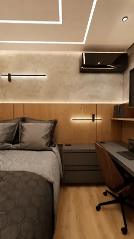 Um toque de estilo industrial nesse quarto masculino 🩶+🪵+🖤 Projeto: Roggia Arquitetura e Interiores #dormitorio #quartomasculino #quartoplanejado #dormitorioplanejado #quarto #escrivaninha #estiloindustrial #cabeceira