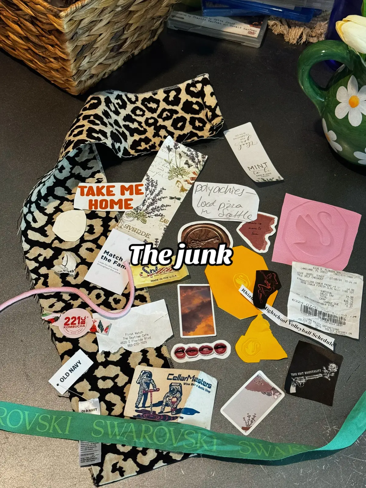 One woman’s trash is another woman’s treasure. Fabric from king headboard apholstery, receipt from lunch with mom, swarvoski materials from my gift, business card, splenda packet, kombucha bottle sticker, chocolate wrapper from italy, to go bags.  #junkjournal #foryou #junkjournalideas 