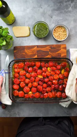 Tomato Confit This is my favorite way to extend the shelf life of some tomatoes that are looking kinda rough and wrinkly. Recipe: Cherry Tomatoes (whatever you have on hand) Olive Oil - I use @getgraza Garlic Cloves Salt Take your struggling tomatoes and toss them into the smallest pan that allows them to sit in an even layer. Pour in enough olive oil to cover half way* then cook in an oven at 300 degrees until they’ve lost a decent amount of their water content and are fully cooked, stirring occasionally.  Store them in a jar submerged in their oil. *Some people prefer to cover them completely but I like a little bit of that browning (also filling the pan all the way uses SO much olive oil and I ain’t about that). Pan used was from @caraway_home  #Recipe #tomatorecipe #tomatoes #tomato #summerrecipe  #EasyRecipe #EasyRecipes 