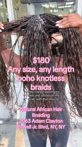 $180 any size, any length knotless braids!! These are some of the best braids I’ve ever had #nyc #knotlessbraids #bohoknotlessbraids #nycbraider 