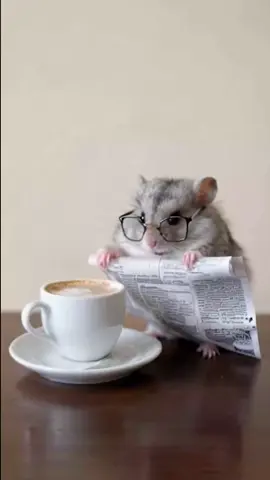 A cute little hamster, wearing glasses, sitting at a table, reading a newspaper, with a cappuccino on the table #cute #mukbanghamster #fypage #fyp #fypシ #foryou #foryour #reading#pet #hamster🐹 #xuhuong #Viral #newspaper #cute #glasses