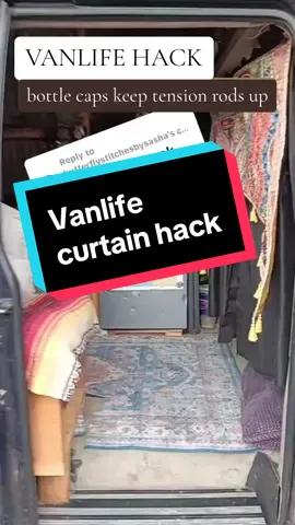 Here’s a little van life hack to keep curtains up with a tension rod around the van: use bottlecaps to secure each end from falling! Follow for more vanlife tips! #vanlifetips #vanlifetipsandtricks #vanlifehacks #vanlifehack #curtains #curtaintutorial #curtainsdesign #curtains #vanwindows #vancurtains #tensionrodhack #onthisday 