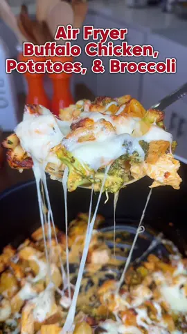 AIR FRYER! buffalo chicken potatoes and broccoli! Ingredients:  1.5 lbs chicken breasts, cubed 1 head of broccoli, chopped small 3 potatoes, chopped small 1 tsp black pepper 2 tbsp olive oil 3/4 cup ranch dressing 1 packet hidden valley ranch seasoning 1 cup shredded mozzarella, divided  1/2 cup sweet baby rays creamy buffalo sauce  Directions: To a large bowl add the chicken, broccoli, potatoes, olive oil, ranch seasoning, & black pepper. Toss everything together until combined. In a measuring cup combine the ranch dressing and creamy buffalo sauce. Pour the sauce into the bowl and toss everything together.   Add half the ingredients into your air fryer. (Cook in two batches so everything is cooked evenly)  Set your air fryer to 400°F and cook each batch for 20-25 minutes. Shake the basket halfway through at the 10 minute mark.  Once its done sprinkle over a 1/2 cup of mozzarella cheese per batch and let that cook at 400°F for an additional 2 minutes or until the cheese is melty. Serve with ranch. Enjoy!! #airfryerrecipes #DinnerIdeas #backtoschoolrecipes 