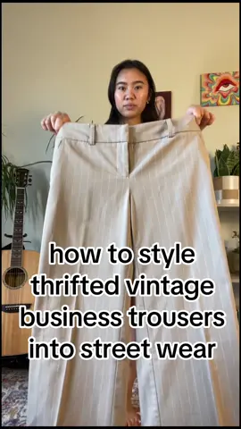 vintage fashion inspo. these vintage wide leg trousers are up for sale on our website. link in the bio trousers are so commonly found at the thrift store and there’s so many different outfit ideas you can get from them here’s streetwear…what should we do next? #vintagefashion #styleinspo #thriftedfashion #outfitideas #SmallBusiness #creatorsearchinsights 