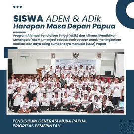 Pemerataan akses pendidikan dalam Program Merdeka Belajar menjadi prioritas pemerintah khususnya di wilayah Papua. Program afirmasi bagi para siswa Papua melalui beasiswa program Afirmasi Pendidikan Tinggi (ADik) dan Afirmasi Pendidikan Menengah (ADEM), menjadi sebuah keniscayaan untuk meningkatkan kualitas dan daya saing sumber daya manusia (SDM) Papua #Papua #PapuaIndonesia #BeasiswaPapua #ADik #ADEM #PapuaSejahtera