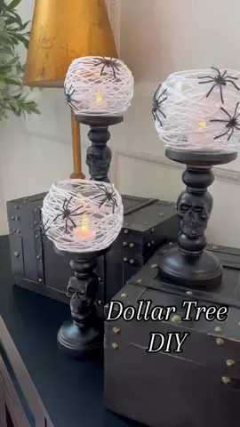 🕷️Dollar Tree DIY - Spooky Candle Holders!🕸️ So easy to make!! Here’s what you need: - Round glasses  - white yarn  - candle holders  - faux spiders - led candles  (Hot glue gun) 1. Add a dot of hot glue to the glass and start wrapping the yarn around, adding some hot glue here and there.  2. If needed, spray paint candle holders your desired color. I used matte black.  3. Hot glue glasses onto candle holders.  4. Hot glue little spiders onto glasses.  5. Add a little candle in the glass.  #dollartreefinds #decoratewithme #dollartree #dollartreediy #halloweendecor #halloweendiy 