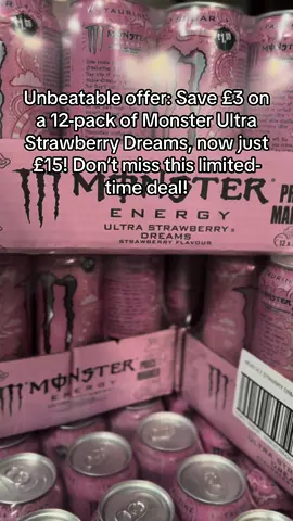 Unbeatable offer: Save £3 on a 12-pack of Monster Ultra Strawberry Dreams, now just £15! Don’t miss this limited-time deal! #tiktokmademebuyit #julydrops #unitedkingdom 