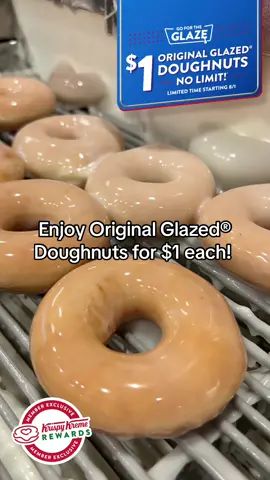 Join team glaze and enjoy the ultimate reward – Original Glazed® doughnuts for just $1 each, no limit! Must be signed up for Krispy Kreme rewards to enjoy for a limited time! 🍩😋   $1 Original Glazed® Doughnut offer available beginning 8/1/24 for a limited time only. Only at participating U.S. Krispy Kreme shops for Krispy Kreme Rewards Members and is subject to availability, while supplies last. See full terms at www.krispykreme.com/offers/dollarogdoughnuts