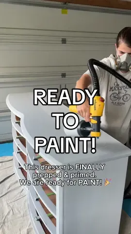 What color should I paint it?🤔 This dresser’s prep took longer than I expected, but we are primed and ready for PAINT 😍 #furnitureflip #painting #paintsprayer #wagner #dresserdiy #furnituremakeover #paintedfurniture 