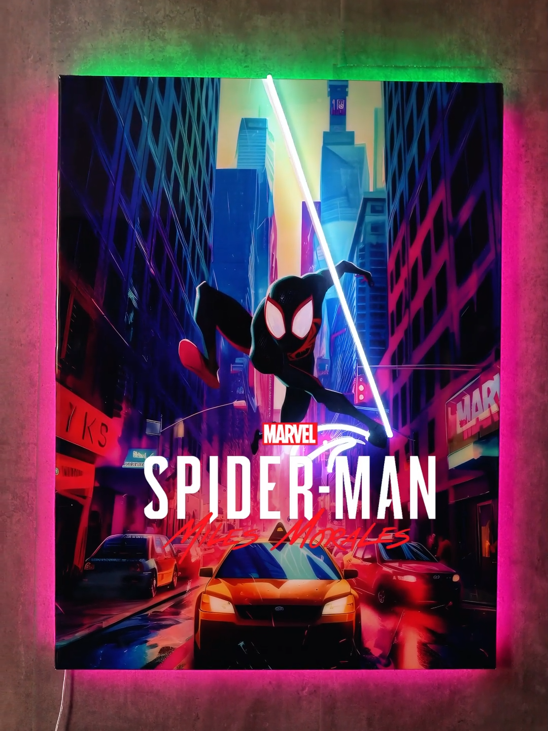🕸SPIDERMAN 🕷 (IG: Fotoneocuadro) ✨ Cuadro con resina epoxi de 60x80 con iluminación delantera iluminando en blanco frio la tela de araña y rosa y verde iluminando la parte trasera 🔥 Para más información y precios escríbeme por privado en IG, nos vemos! #Spiderman #milesmorales #cuadros #resinart #marvel #neon #decoration #viral #fyp