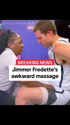 BREAKING: Former NBA player & BYU star Jimmer Fredette had an awkward massage moment during a 3x3 Basketball Tournament in the Paris Olympics. #basketball #olympics #paris #NBA #trainer #awkward #nbatiktok #tournament #injury #massage 