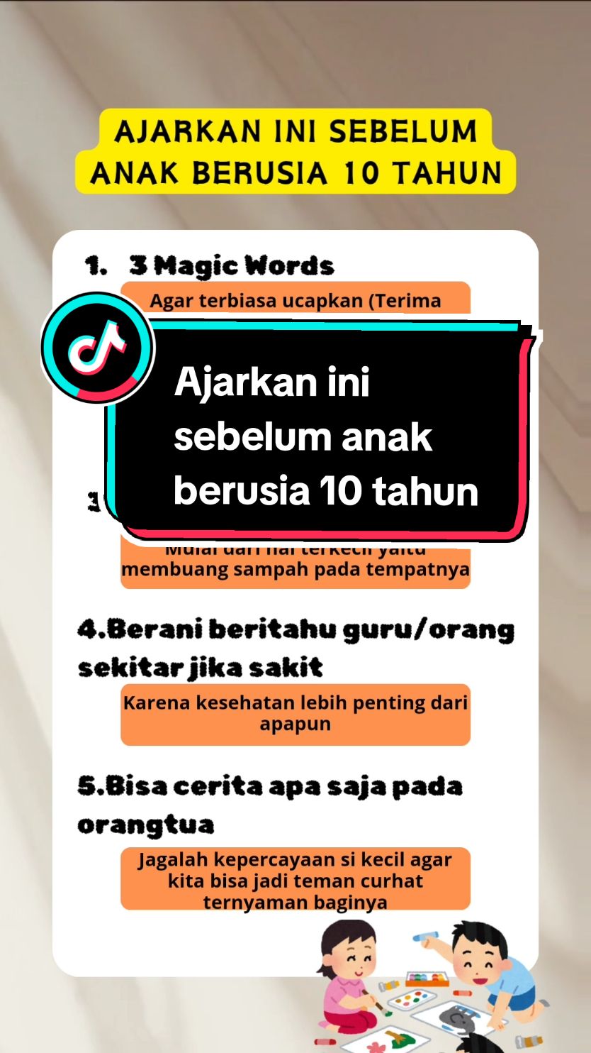 Tahukah Moms? 90% pertumbuhan otak anak terjadi di usia 0-5 tahun dan otaknya akan mulai mencapai kematangan di usia 7 tahun. Oleh karena itu, pelajaran-pelajaran di atas sangat penting kita tanamkan sejak dini supaya bisa membantunya menghadapi berbagai rintangan di sekolah maupun masa depannya. Kira-kira ada lagi gak nih, Moms? Yuk , tambahin di kolom komentar~ Source:Dearmoms.id #infoparenting #parentsupdate #quotesparenting #momsupdate #parents #sinauparenting #keluarga #parenting #parentingtips #ilmuparenting 
