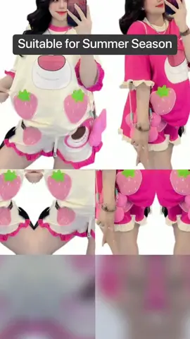 Only ₱348.00 for Strawberry Bear Sweet Set Women's Summer New Loose-Fitting Short Sleeves Shorts Small Dopamine Wear Match Casual Two-Piece Suit Womenswear Clothing!