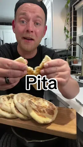 Pita Bread just taste so much better when you make your own from scratch 😁 #homemade #pita #bread #pitabread #easy #fyp  Pita  1 C. Water (warm) 2 tsp. Active Dry Yeast  2 tsp. Sugar  2 tsp. Salt  3 C. AP Flour  2 TBS. EVOO In a large bowl add warm water, yeast, and sugar; do not mix. Let bloom for 5 minutes.  Next add the salt and flour; Mix.  Add oil and knead it in. Continue to knead for a few minutes the dough will spring back when you poke it.  Cover and rest for 1 hour.  After a hour the dough should be double in size.  Turn pita dough out onto a lightly floured surface. Cut into eight portions. Flatten out each piece of dough or roll them out using a rolling pin.  Over medium-high heat cook pita bread for 30 seconds on one side, flip and cook for another 45 seconds, flip again and cook for another 30 seconds or longer.  Store in airtight container for 4 days.  These Pitas form a pocket which are perfect for stuffing with your favorite filling. 