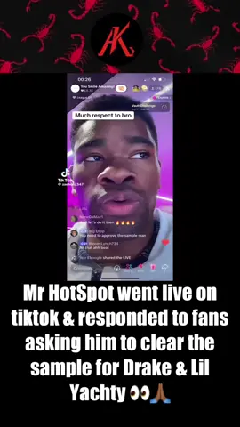 Mr HotSpot went live on tiktok & responded to fans asking him to clear the sample for Drake & Lil Yachty 👀🙏🏾