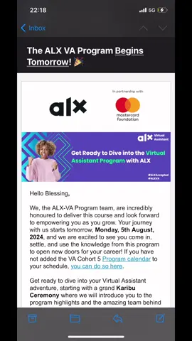 My Alx virtual assistant course starts tomorrow!!!! I’m trying to document my experience and build my community  Fellow Alx aspiring VA's have you gotten yours? If you also got accepted please can say hi in the comment section ❤️ @alxafricasupport #buildinpublic #alxvirtualassistant #virtualassistant  #alxaccepted #personalgrowthjourney #Douby 