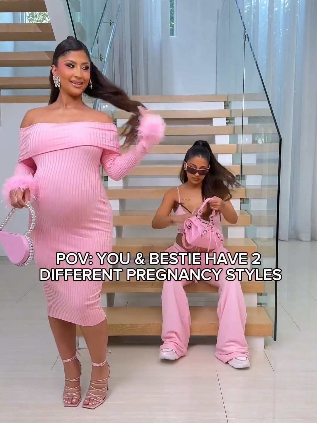 2 Besties + 2 Different Pregnancy Styles💞⁠ Which Kinda Mama Are You?  Left 💕⁠ 1. Legally Perfect Ribbed Midi Dress ⁠ 2. New Lover Handbag ⁠ ⁠Right 💕⁠ 1. I'm Just A Girl Cami Top ⁠ 2. Time Travel Lounge Pant #pregnancytiktok #fashionnova #besties #fashiontiktok