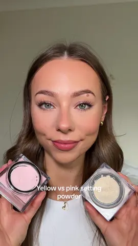 Ever wondered about the difference between yellow and pink setting powder?💛🩷*gifted Yellow setting powder is perfect for brightening, highlighting, and neutralizing redness. It’s ideal for medium to dark skin tones. It creates a warm, golden glow that’s perfect for under-eye areas 💛 Pink setting powder, on the other hand, is great for brightening fair to light skin tones. It neutralizes dark circles and gives a soft, radiant finish. It can also cancel out green tones in the complexion.🩷 Which one do you prefer?✨ @Huda Beauty #hudabeautyeasybake #settingpowder #fyp 
