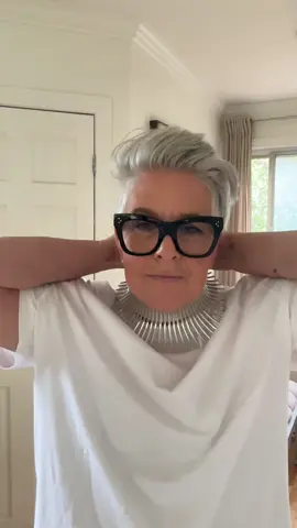 Jazzing up a plain white tshirt with a statement choker 🤍 #genx #undercut #shorthair #greyhair #OOTD #greyladygrey #styleinspo #styleover50 #plussizewoman #plussizefashion #celine #over50style #agepositivity #dior #fashionover50 #over50women #jilsander #MAC 