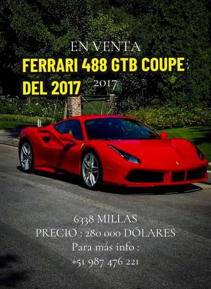 Marca : Ferrari  Modelo : 488 Versión : GTB coupe  Año de fabricación : 2017 Año de modelo : 2017 Motor : V8 3.9 litros  Transmisión : Automática de 7 velocidades  Millaje : 6338 millas  Ubicación : Los Ángeles , california USA  PRECIO : 280 000 dólares  Doscientos ochenta mil dólares  PARA MÁS INFORMACIÓN :  📞 +51 987 476 221 #ferrari #488gtb #enventa #usa #estadosunidos #latam #supercars #superdeportivos #ferrari488gtb #ferrariusa #fy #parati #xbcyza #carsoftiktok #million #luxury #premium #cars #concesionaria #vehiculostop #vehiculosdelujo #supercoches #superautos #motor #v8 #motorferrari #vizamotors 