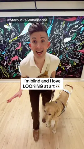 A visit to the @Starbucks Art Gallery energized all 3 of us ☕️🎨 Comment with your favorite piece from this exhibit! #StarbucksAmbassador #blind #artist #guidedog