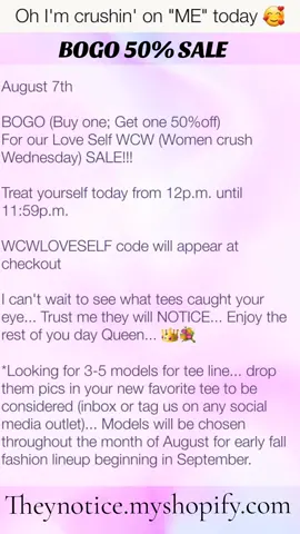 BOGO 50% OFF WCW SALE... Get your NOTICEABLE TEES TODAY at theynotice.myshopify.com 👑💖 #sale #bogo #buyonegetone #50percentoff  #today #todayonly #shop #shopping #onlineshopping #fyp #viral #teamwork #roadto10k #under10k #followers #shoppers #like #comment #post #view #share #spreadtheword #wordofmouth #women #womenclothing #soldout #business #blackownbusiness #original #classic 