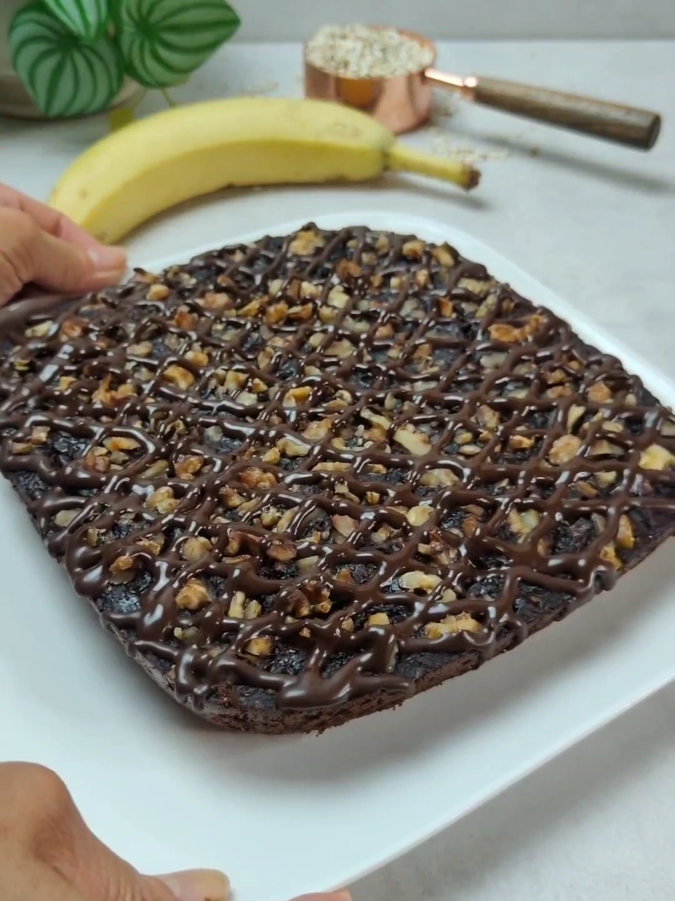 Take oats,banana and cocoa ! Make this amazing dessert! Gluten free and no sugar! Ingredients: Oats flakes 120 g oat milk lukewarm 250 ml - 1 cup  soak for 10-15 minutes 2 bananas medium size 2 eggs  1 Tablespoon baking powder 3 Tablespoon cocoa powder walnuts 50 g chop into small pieces bake at 180°C /356°F 35 minutes Let it completely cool down Toppings: 2 Tablespoon with dark melted chocolate  slice and enjoy! #oatsrecipe #nosugar #bakeoats #noflour #highprotein #weightloss #haferrezept #healthyrecipe #healthybalance #breakfastideas 