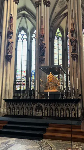 Shrine of the Three Kings or Three Wise Men at Cologne Cathedral  This is a reliquary traditionally believed to contain the bones of the Biblical Magi: Melchior, Caspar, and Balthasar. This shrine is a large gilded and decorated triple sarcophagus situated above and behind the high altar of Cologne Cathedral in western Germany. Built approximately from 1180 to 1225, it is considered the high point of Mosan art by various historians and scholars, and ranks amongst the largest reliquary in the Western world.  The 