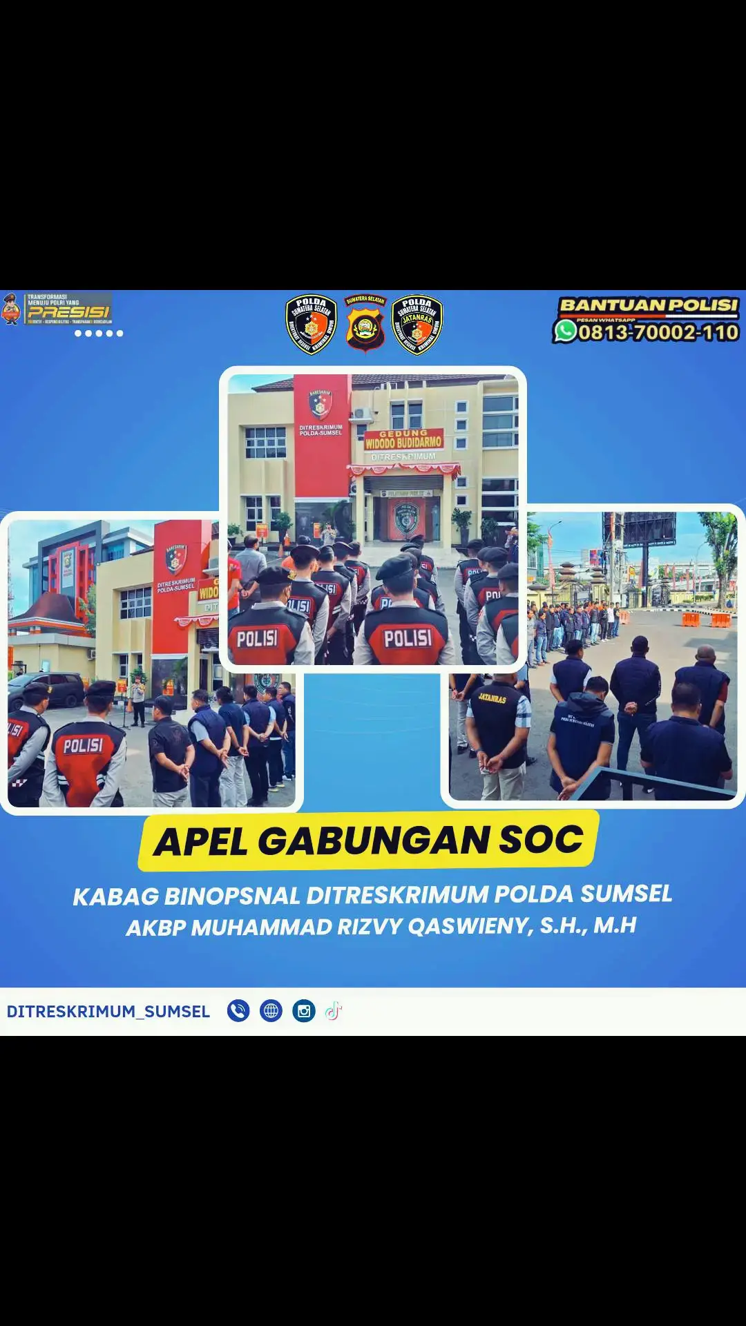 Apel Personel Ditreskrimum Polda Sumsel Yang Melaksanakan Stand By On Call (SOC).  Pengambil Apel Stand By On Call (SOC) AKBP MUHAMMAD RIZVY QASWIENY, S.H., M.H Selaku Kabag Bin Opsnal Ditreskrimum Polda Sumsel. @divhumaspolriofficial @poldasumselbabel @ITWASDA POLDA SUMSEL @ditreskrimum_sumsel @jatanraspoldasumsel @jatanras_sumsel.p @Anton @tofikcooyy @Novel Siswandi @Asmada @Berita Viral @bembenk24_Lsp @ruthjtr01 @botax @infosumateraselatan22 @Comcen Polda Sumsel @seputar_info_palembang @PUNISHER_266 @redyismiardy @Wassidik Ditreskrimum Sumsel @Bara_azhari @palembang.kaget @kelvin marley  #polisiindonesia #polisisumsel #polisipalembang #kapoldasumsel #ditreskrimum #soc #palembang  #standbyoncall #polriindonesia #polripresisi #reels #viral #trending #fypdongggggggg #fypシ #fypシ゚viral #fyppppppppppppppppppppppp #fypage 