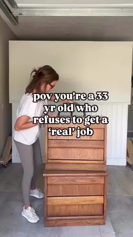 You can’t make me 😂 I bought these nightstands for $80 and had no idea how much work I was in for. A couple of tricks I used on this flip were: I decided to save time by adding new exterior bases which hid (and secured) all of the bottom damage and fixed the visible damage with bondo. I also paint washed the bases instead of staining, because stain can just be temperamental and it’s hard to get the exact color you want! #furnitureflip #furnituremakeover #DIY