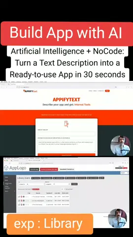 Artificial Intelligence + NoCode: Turn a Text Description into a Ready-to-use App in 30 seconds scribe your app and get:CRUDs AppifyText.ai is now in public beta. It has been used to create 3344 apps so far NAME OF YOUR APP  DESCRIBE IN PLAIN ENGLISH YOUR APP (OR PICK AN EXAMPLE)  CREATE THIS APP Pick an example from list My CRM App I want to build a CRM application for managing my customers. For each customer I need to store the name, the email, the phone and other useful information. I also need to represent the sales each salesperson makes. My Board Games I need a simple app to manage my collection of Board Games. My Inventory App I want to build an inventory system. I want to track, at least, my products (with the available quantity), the orders I have received (with the corresponding product), my customers and my suppliers. For each product, I need to know the supplier. My Library App I want to build an application to manage a library. I need to represent the books available, the customers and the loans. My ERP App I want to build an ERP application for a store selling laptops. My Coffee Bar App I need an application to manage my coffee bar Bike service shop I need an application to manage a bike service business. For each service order, I need to register the bike (owned by a customer), the service type, the price and the date. Scooters rental I need an application to manage an electric scooters rental service. For the orders, we need to track the order date and the return date.