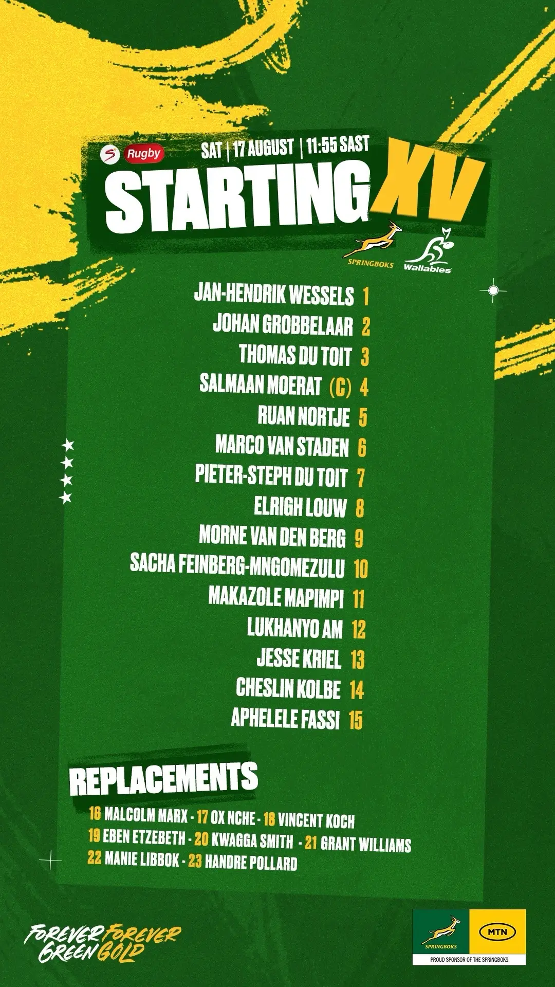 Ten changes and a new captain for the #Springboks second Test down under in Perth on Saturday 💥 #ForeverGreenForeverGold 