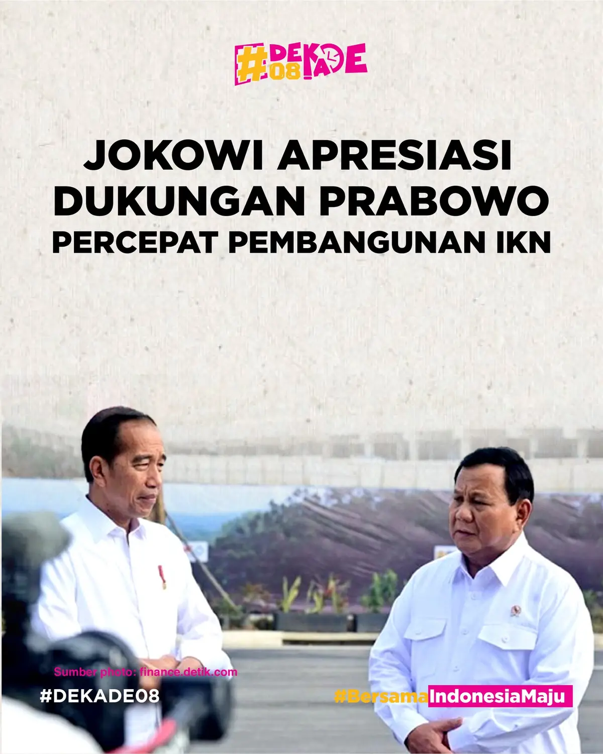 Presiden Joko Widodo (Jokowi) menyampaikan apresiasi atas komitmen Presiden Terpilih 2024-2029 Prabowo Subianto dalam mempercepat dan menuntaskan proyek Ibu Kota Nusantara (IKN) di Kalimantan Timur. Apresiasi ini disampaikan Jokowi melalui unggahan pada akun Instagram pribadinya @jokowi. Unggahan itu menampilkan potongan video keterangan pers dirinya yang didampingi oleh Prabowo di IKN. #prabowo #menhanprabowo #presidenterpilih #ikn #presidenjokowi #jokowi #jokowidodo #mendingprabowo #dekade08 #terusmajubersamaprabowo #PrabowoPresiden2024 #koalisiindonesiamaju 