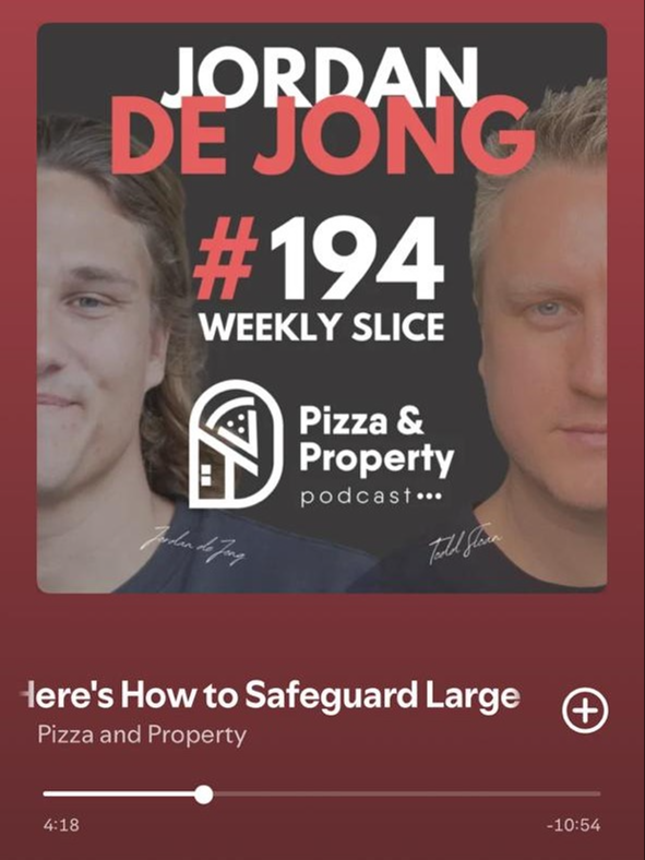 Weekly Slice 194: Here's How to Safeguard Large Portfolio Growth! - With Jordan de Jong Growing your portfolio to new heights is very exciting, but have you ever thought about how to safeguard your investments? This episode, property investor and founder of Gameplans, Jordan de Jong, shares with us six key insights into how you can protect your portfolio's growth. Stressing that planning is a total must, making sure you diversify your portfolio and monitor your monthly finances to ensure that everything is on track with your overall goals...  Because it's definitely great to grow your portfolio, but not having safety nets in place could put you in serious trouble down the road.  That's why you should stay on top of things and listen to the full episode today! @jordan_dejong  #portfolioprotection #investmentsafety #diversifyyourportfolio #riskmanagement #gameplans #JordanDeJong #pizzaandpropertypodcast #ToddSloan