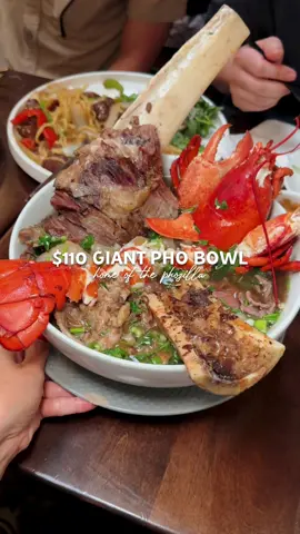 🍜 $110 Massive, Over-the-top Pho Bowl  Would you try this?! This is the Phozilla available at Gao Viet Kitchen in the bay area, California. For $110 you get this HUGE bowl of pho topped with bone marrow, lobster, beef rib and filet mignon 😮‍💨 This place is known for their over the top noodle soups but don’t skip on the rest of the menu. Their appetizers were some of my favorites! I highly recommend the bánh cuốn, chef choice platter, the shaking beef entree, and the pho shots!! There’s honestly no better chase 😉 There’s two locations - one in San Francisco and another in San Mateo (we went to the latter). Get there early or prepared to wait! They have a waitlist but closes when they’re at capacity. They also offer a Gaozilla for $110 (comes w a side of rib eye steak 🤯) and a Bun Bo Zilla for $69. Definitely fun to get one time to share w a group but I will most likely stick to their regular sized bowls next time 😝 Gao Viet Kitchen 📍313 S San Mateo Dr, San Mateo, CA 94401 📍1900 Irving St, San Francisco, CA 94122 #bayareafood #californiafood #pho #vietnamesefood 
