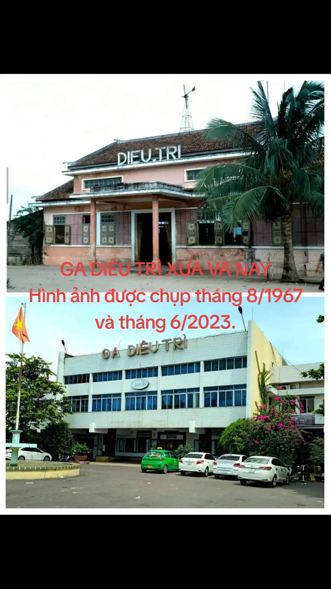 GA DIÊU TRÌ XƯA VÀ NAY Ảnh 1: Hình ảnh ga Diêu Trì do Forrest Becht ghi lại cách đây hơn nửa thế kỷ, tháng 8/1967. Nguồn: flickr manhhai. Ảnh 2: Ảnh chụp đối chứng của Nắng Mùa Xuân, trên cùng góc chụp, tháng 6/2023. Cre: Nắng Mùa Xuân 