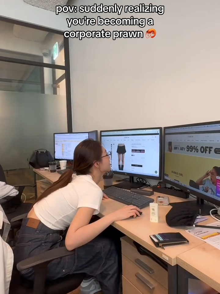 This is your sign to adjust your posture so you don’t become like us 😭 🦐 #corporateprawn #officememes #officehumor #corporatehumor #poorposture #workmemes #lewkin #lewkinteam #socialteam #marketinggirlie #genzoffice #officelife #officehumor #prawn #badposture