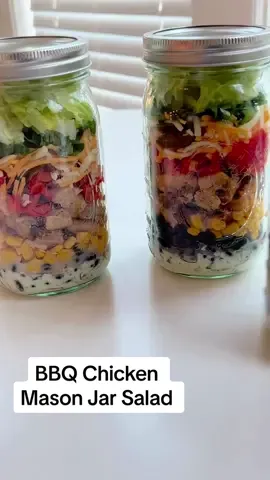 Lunch prep just got a whole lot easier with these BBQ Chicken Mason Jar Salads! 🥗✨ Perfect for busy weeks, these salads are quick to assemble and stay fresh in the fridge for up to 5 days. Whether you're headed to a picnic, the pool, or just need a grab-and-go meal, these jars have got you covered. Plus, they only take 15 minutes to prep! Here's the quick rundown: Toss 4 cups of cooked, chopped chicken with ½ cup of your favorite BBQ sauce. For the dressing, mix ½ cup Greek yogurt, 1 tbsp mayo, ¼ cup chopped cilantro, 1 tbsp lime juice, ½ tsp onion powder, garlic powder, and salt, plus ⅓ cup milk until smooth. Layer ¼ cup of dressing in each jar, then add shredded carrot, chopped green onions, black beans, corn, BBQ chicken, red bell pepper, jalapeños, 1 cup shredded Monterey Jack cheese, cilantro, and 8 cups of chopped romaine lettuce. Seal the jars and refrigerate for up to 5 days. When you're ready to eat, just shake, pour, and enjoy! These salads are the ultimate healthy, easy, and delicious meal prep solution! 💚 #MealPrep #B#MealPrep #BBQChickenc#HealthyLunchl#MasonJarSalad