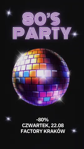 80’s party i -80% na wybrane produkty! Tylko 22.08 w Factory Kraków 🪩🕺🏻 Szczegóły w linku: https://bit.ly/80spartykrakow  #80 #party #outlet #factory #krakow 