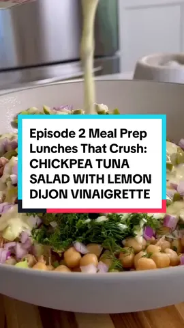 Episode 2 of meal prep lunches that crush: EASY AF CHICKPEA TUNA SALAD W/CREAMY LEMON - DIJON VINAIGRETTE! 🤗 This is one of my go-to meals when I don't have a lot in my fridge-l turn to my pantry and grab chickpeas and tuna and anything I can find in my fridge. This salad is packed with fiber and it's high in protein thanks to the tuna, chickpeas, and greek yogurt, which means it will keep you full. It also happens to be pretty budget friendly, all things considered. You can eat this on its own, over greens or my favorite way-with crackers. Makes 4 servings 1 15-oz can chickpeas, drained and rinsed 2 cans wild caught tuna, drained and mashed 1/2 red onion, finely diced 3 stalks celery, finely diced 1/2 cup green castelvetrano olives, diced (or 2 to capers) 1/4 cup fresh dill, chopped Creamy Lemon-Dijon Vinaigrette 1/2 cup plain greek yogurt 1/4 cup olive oil 2 tb dijon mustard 1 lemon, juiced and zested 2 cloves garlic, mashed 1/2 tsp kosher salt 1/2 tsp ground black pepper Prepare the vinaigrette by whisking together all of the ingredients. Taste and adjust seasonings as needed. Drain and rinse chickpeas well and add them to a large bowl. Drain tuna and add it to the bowl, mashing it into smaller pieces. Add chopped onion, celery, olives and dill. Toss with the dressing and enjoy! This will stay fresh in the fridge for up to 4 days. Enjoy!  #EasyRecipes #budgetmeals #mealprep