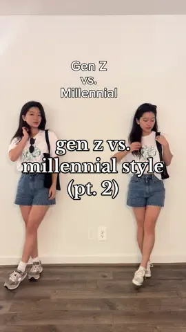 Part 2 | which side is which? . . outfit links will be posted in my bio + story!! can you guess correctly this time?🤔 ANSWER: millennial fashion on the left, gen z fashion on the right! see below: 1 - I’ve noticed that tucking your shirt in (with or without a belt) is kinda telling? recently learned about newer trends on how to tuck in shirts 😌 2 - also socks length LOL this has been all over my explore feed but apparently gen z is done with ankle socks? so longer socks = millennial style 🙊 3 - shoes! big trend rn is the onitsuka tiger shoes and flatter sneakers  let me know if you agree / disagree 🤭 tee shirt from: @metapher_seoul  denim shorts: @lookast  . . . 🔎 gen z vs. millennial style differences; biggest style differences between gen z and millennials; gen z and millennial casual outfits #genzoutfits #genzvsmillennials #casualoutfits 
