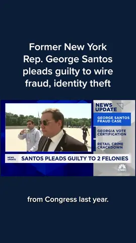 Former New York Rep. George Santos pleaded guilty Monday in federal court in Long Island to committing wire fraud and aggravated identity theft. Santos, a Republican, had been set to begin trial next month on a 23-count superseding indictment accused him of wire fraud, identity theft, and making false statements to the Federal Election Commission. The disgraced ex-congressman, whose audacious lies about his personal and professional background were exposed a month before he first took office in January 2023, is scheduled to be sentenced on Feb. 7. He faces a minimum possible sentence of two years in prison and a maximum of 22 years behind bars. Read more at the #linkinbio. #cnbc 