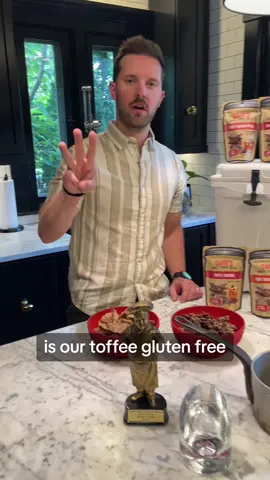 Which of our Toffees are Gluten-Free??? Andrew answers your questions on which of Dave’s Sweet Tooth products do and do not contain gluten.  🥖 While we do have flavors that have gluten containing ingredients, we do a full allergen clean after making any of these flavors which is a core part of our certified food safety audit plans.   #creatorsearchinsights #glutenfree #toffee #tiktokfood 